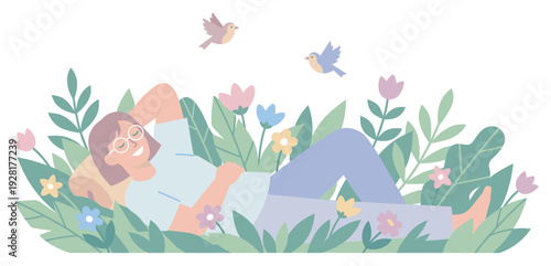 Happy smiling woman with glasses relaxing peacefully in a lush green meadow, surrounded by colorful flowers, verdant leaves, and two small birds flying in a charming flat vector illustration
