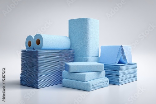 rolls of blue paper towels and stacked wipes displayed on clean studio background. professional cleaning and hygiene supply concept
