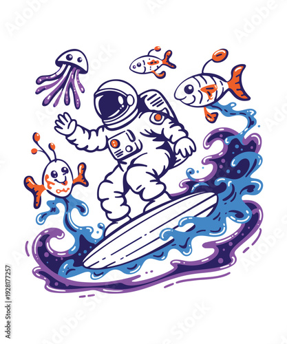Astronaut Surfing Space Wave Cartoon Illustration
