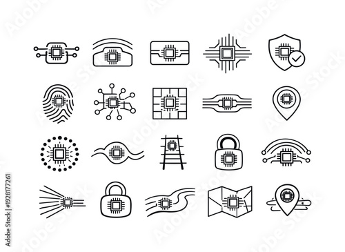 Chip-Embedded Access Icons. Line vector icons of chip-embedded access credentials for government services: implant-chip pads, ID