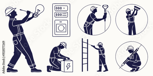 Illustration of various construction and maintenance activities by a worker. Vector
