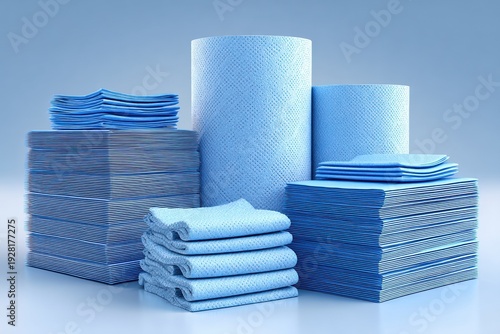 Stacks of blue paper towels and folded wipes arranged in studio on neutral background. hygiene and cleaning supplies concept