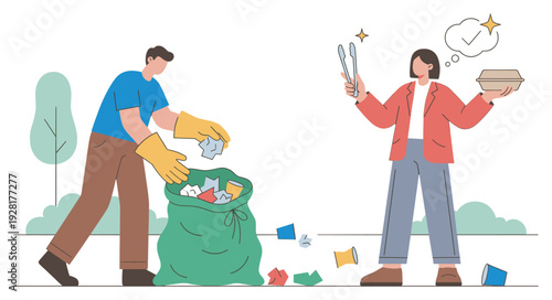 Man in gloves collecting trash into a garbage bag and a woman holding tongs and an eco-friendly container, a vector illustration about environmental cleanup and sustainability