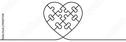 Heart-shaped jigsaw puzzle drawn with a single continuous line representing love, connection, and finding a solution together in a minimalist black and white vector illustration