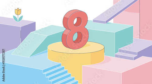 Large red number eight stands on a yellow pedestal in a pastel geometric landscape, a minimalist concept for International Women's Day on March 8th with a tulip