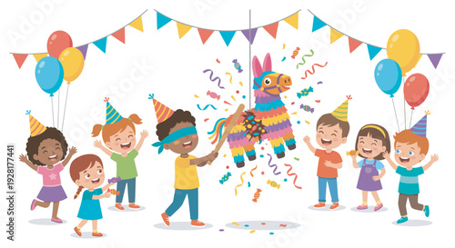 Joyful group of diverse cartoon children in party hats celebrating a birthday by playing with a colorful piñata, hitting it with a stick to release candy and confetti