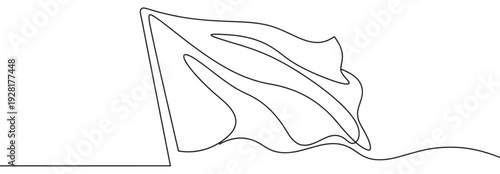 Continuous one line drawing of a waving flag on a pole in a minimalist art style, representing patriotism, freedom, and national identity in a simple, elegant sketch