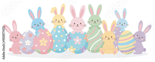 Adorable pastel colored Easter bunnies and decorated eggs in a festive horizontal arrangement, featuring cute cartoon characters for a happy spring holiday celebration