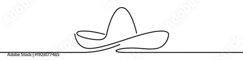 Continuous one line drawing of a sombrero hat in a minimalist style, featuring a flowing black line that creates an elegant and simple silhouette for a cultural or festive concept