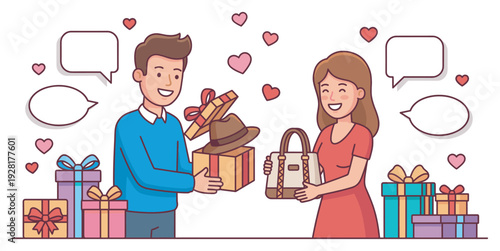 Smiling man and woman exchanging presents for a celebration, the man opens a gift box with a hat and the woman holds a handbag, surrounded by hearts and speech bubbles