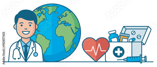 Friendly male doctor with a stethoscope stands by the Earth globe, a first aid kit, and a heart symbol in a flat line art illustration for global healthcare and international medicine