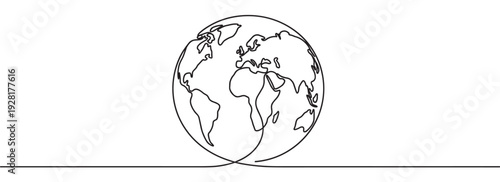 Minimalist black one line drawing of the world globe with a simple and elegant continuous stroke creating a modern and connected global symbol