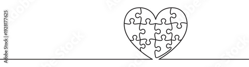 Heart-shaped jigsaw puzzle drawn with one continuous black line in a minimalist style, a conceptual symbol of love, connection, relationships, and problem-solving