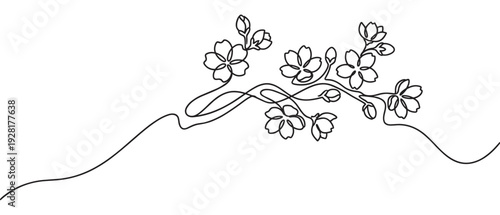 Continuous single line drawing of a cherry blossom branch with delicate flowers and buds in a minimalist, elegant style, representing spring and nature's beauty