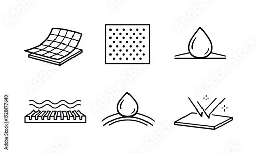 Line vector icons of solar-panel film with lotus-leaf nanostructure (self-cleaning layer): thin film, nano texture dots, droplet