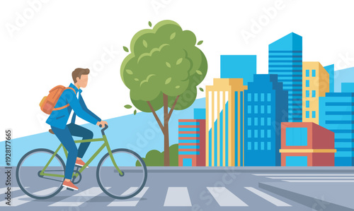 Young man riding a green bicycle with an orange backpack commutes through a modern city, crossing the street in a vibrant urban landscape with tall buildings and a tree