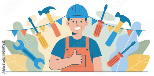 Friendly illustrated construction worker wearing a blue hardhat and orange overalls smiles and shows a thumbs up gesture amidst various repair tools and festive bunting