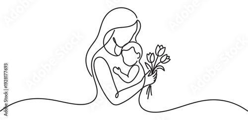 Continuous one line drawing of a mother holding her newborn baby and a bouquet of flowers, a tender illustration representing family love and the gentle bond of motherhood