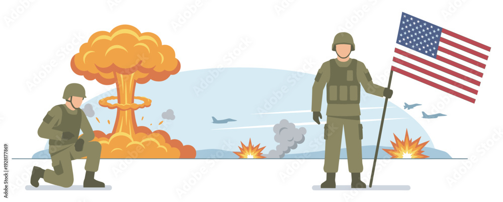 Obraz premium Military soldiers in combat uniforms on a battlefield, one holding a national flag amidst explosions, a mushroom cloud, and flying jets in a flat vector illustration style