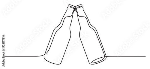 Two beer bottles clinking in a toast drawn in a single continuous black line art style, representing celebration, friendship, and social gathering in a minimalist vector illustration
