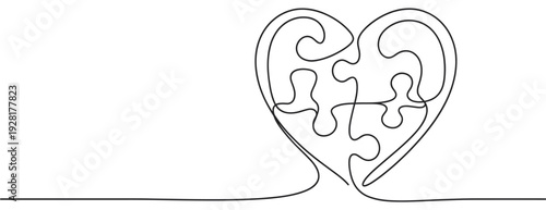 Heart shape made from puzzle pieces drawn in a continuous single black line represents love, connection, and finding a solution in a minimalist artistic illustration