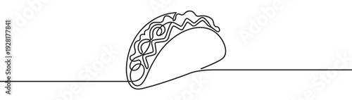 Single continuous line drawing of a taco in a minimalist black and white style, representing Mexican food and fast food culture in a simple, modern, and elegant artistic illustration