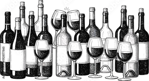 Wine Bottles and Glasses Illustration