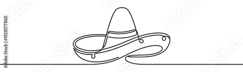 Traditional sombrero hat with a wide brim drawn in a continuous single line art style, showcasing a minimalist and elegant design for a simple graphic illustration