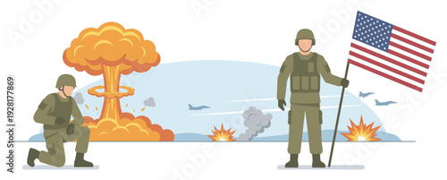 Military soldiers in combat uniforms on a battlefield, one holding a national flag amidst explosions, a mushroom cloud, and flying jets in a flat vector illustration style
