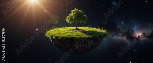 Floating island with a tree in space symbolizes International Day of Peace  