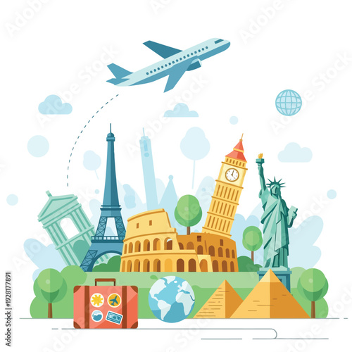 Discover the world's most iconic landmarks and enjoy unforgettable travel experiences with this vibrant illustration of global tourism and adventure