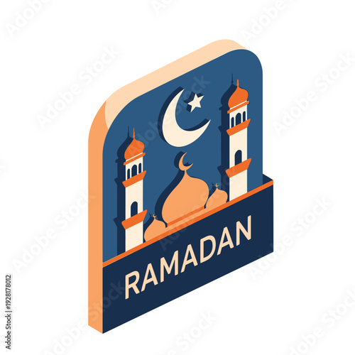 Vibrant isometric illustration capturing the spirit of Ramadan with a traditional mosque, crescent moon, and star for Islamic religious observance and celebration