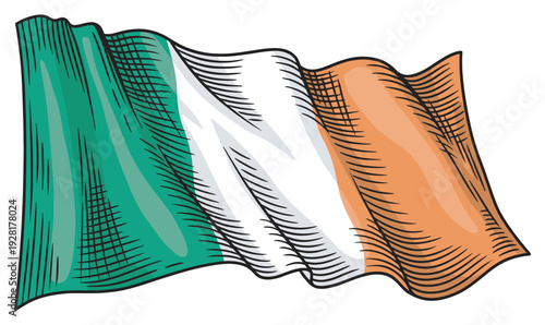 Green, white, and orange tricolor flag waving in a vintage hand-drawn engraved style with bold black outlines and detailed hatching for a retro patriotic symbol