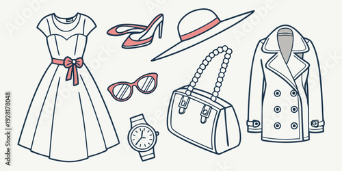 Fashion illustration showcasing a dress, shoes, and accessories Vector