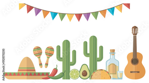 Festive collection of cultural symbols including a sombrero, maracas, cactus, guitar, and food arranged for a vibrant party or holiday celebration in a flat design style