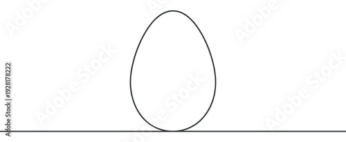 Minimalist black line art drawing of an egg shape resting on a horizontal surface, representing concepts of balance, simplicity, and new beginnings in a clean, modern style