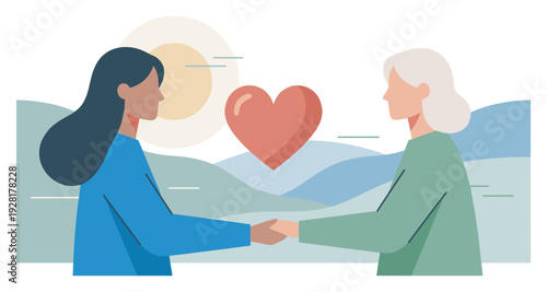 Two women, a younger volunteer and an elderly person, holding hands with a heart symbol representing love, compassion, and intergenerational support in a minimalist flat illustration