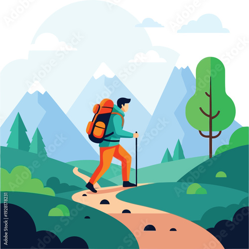 Vibrant illustration of a hiker with backpack and stick on a mountain trail, symbolizing outdoor adventure and nature exploration