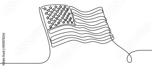 American flag with stars and stripes drawn in a continuous single line art style, a minimalist black and white illustration of a patriotic national symbol waving gracefully