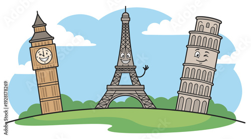 Three famous landmark cartoon characters, a clock tower, an iron lattice tower, and a leaning tower, stand together on a green hill with happy, smiling expressions