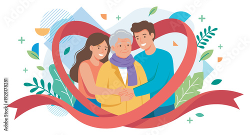 Happy young couple lovingly embracing an elderly woman inside a large red heart-shaped ribbon with abstract decorative elements in a flat vector illustration style
