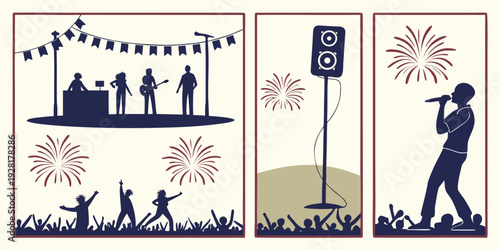 Illustration of people celebrating with fireworks and street decorations. Vector