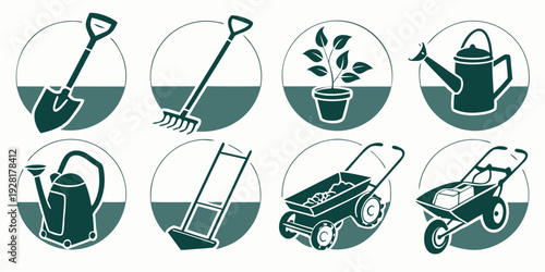 A collection of various gardening tools and equipment for plant care and maintenance Vector