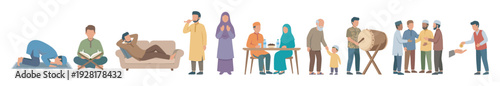 Collection of flat vector illustrations showing Muslim people celebrating Ramadan with various activities like praying, reading Quran, Iftar dinner, and giving charity in a modern style