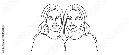 Continuous one line drawing of two women's faces, showcasing identical twin sisters smiling together in a minimalist, abstract black and white art style for a modern aesthetic