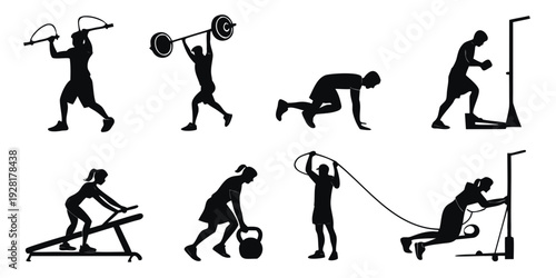 A collection of black and white silhouettes depicting various exercises and movements. Vector