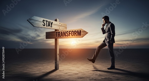 Leader at crossroads signpost reading �Stay� and �Transform� hesitating step forward empty desert landscape moody twilight colors cinematic depth metaphorical business decision scene
