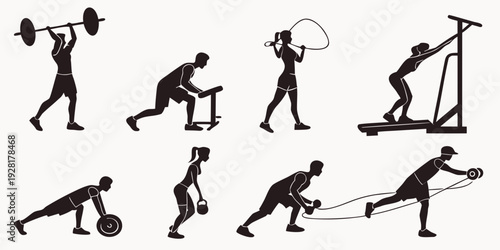 Diverse individuals performing various exercise routines in a gym setting Vector