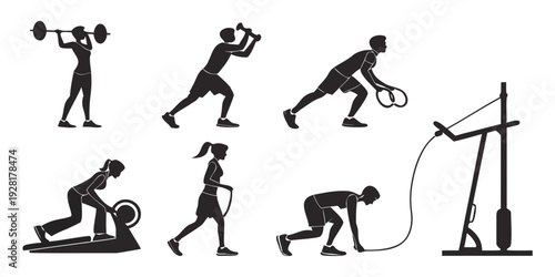 Illustration of various exercises performed with dumbbells and a barbell Vector
