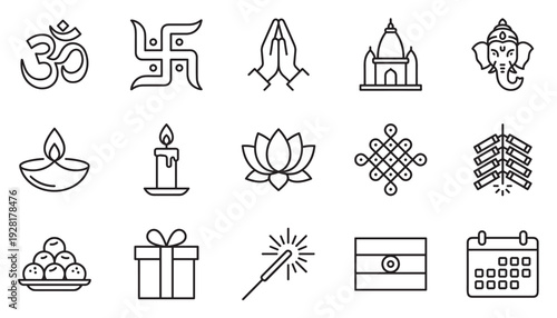Set of fifteen black line icons representing the Diwali festival and Indian culture, including Ganesha, a diya lamp, rangoli, and a temple in a clean, minimalist vector style